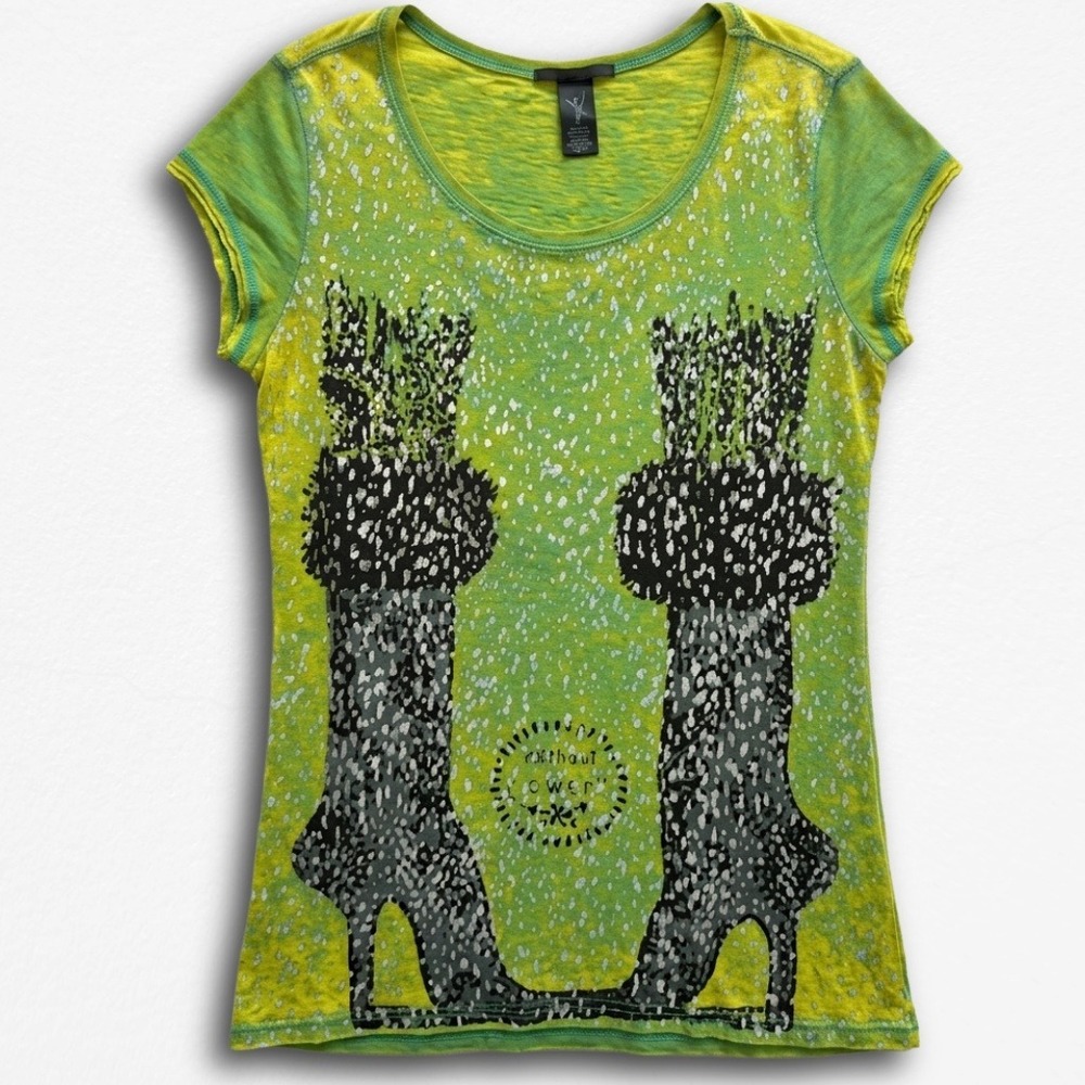 Custo Barcelona Womens Graphic Tee Green Yellow Burnout Boot Print Size 4